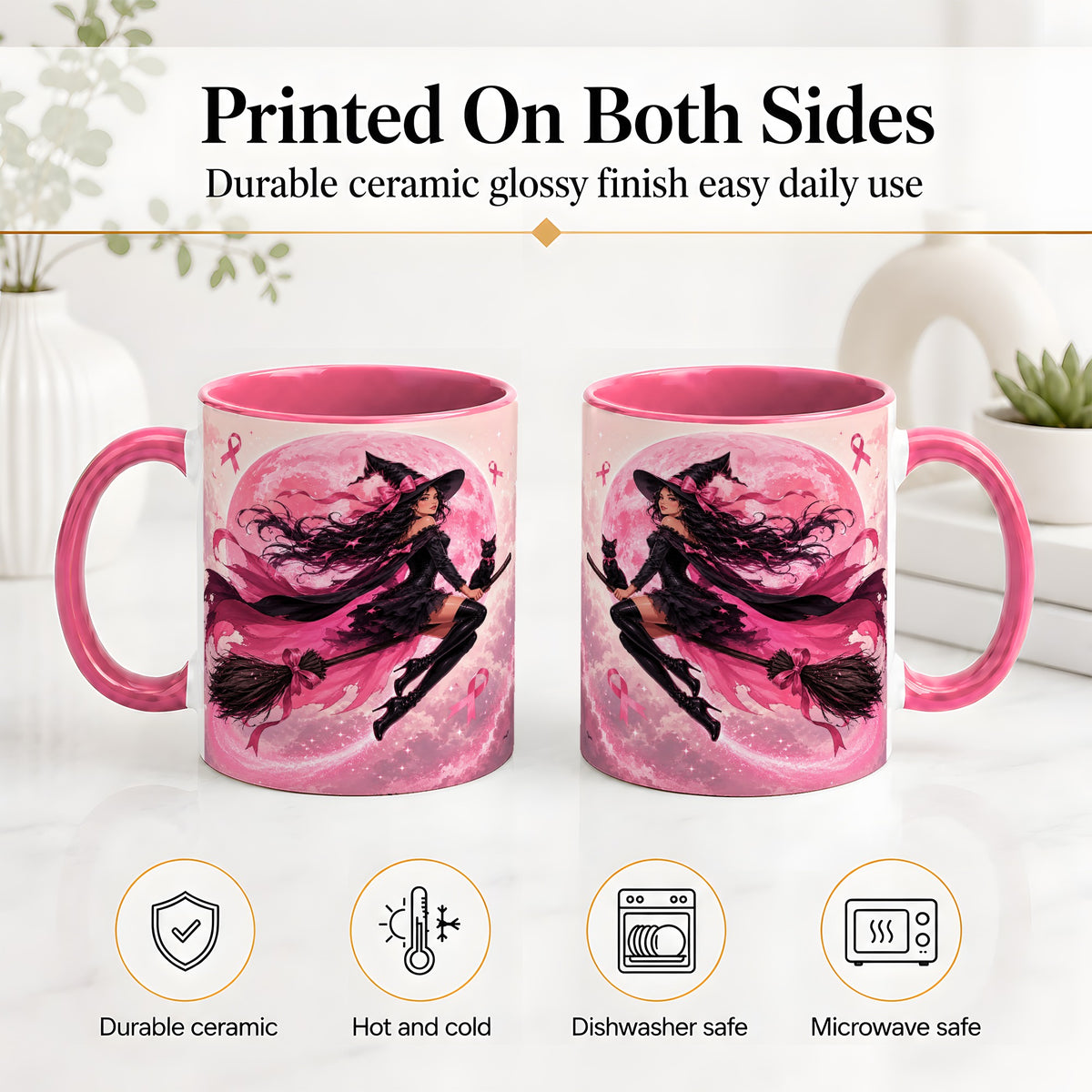#pl[11oz|Pink] Pink Ribbon Witch Ceramic Mug, Moon Cat Art for Awareness Supporters