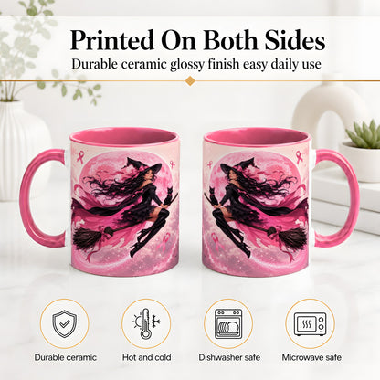 #pl[11oz|Pink] Pink Ribbon Witch Ceramic Mug, Moon Cat Art for Awareness Supporters