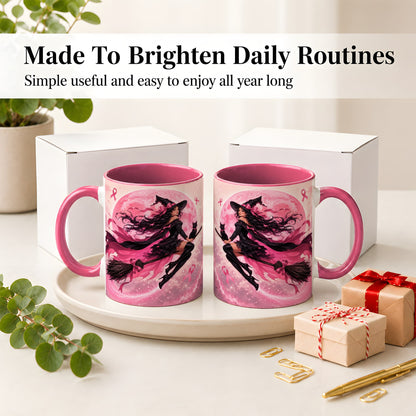 #pl[11oz|Pink] Pink Ribbon Witch Ceramic Mug, Moon Cat Art for Awareness Supporters
