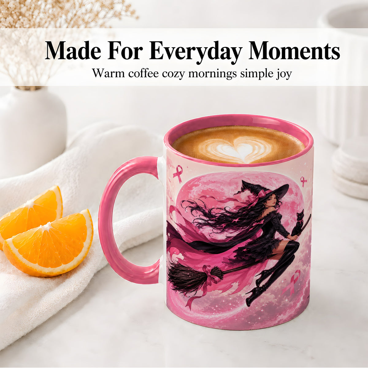 #pl[11oz|Pink] Pink Ribbon Witch Ceramic Mug, Moon Cat Art for Awareness Supporters