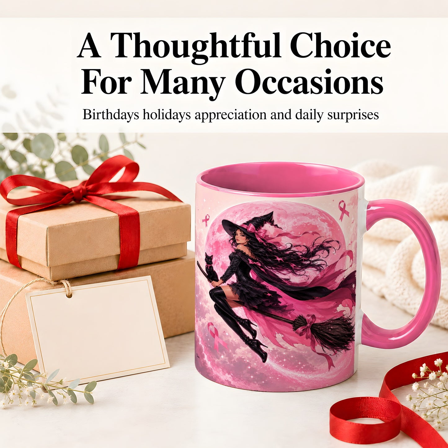 #pl[11oz|Pink] Pink Ribbon Witch Ceramic Mug, Moon Cat Art for Awareness Supporters