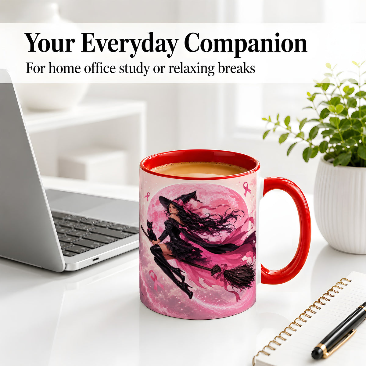 #pl[11oz|Red] Pink Ribbon Witch Ceramic Mug, Moon Cat Art for Awareness Supporters
