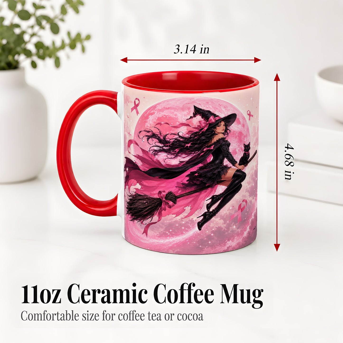 #pl[11oz|Red] Pink Ribbon Witch Ceramic Mug, Moon Cat Art for Awareness Supporters