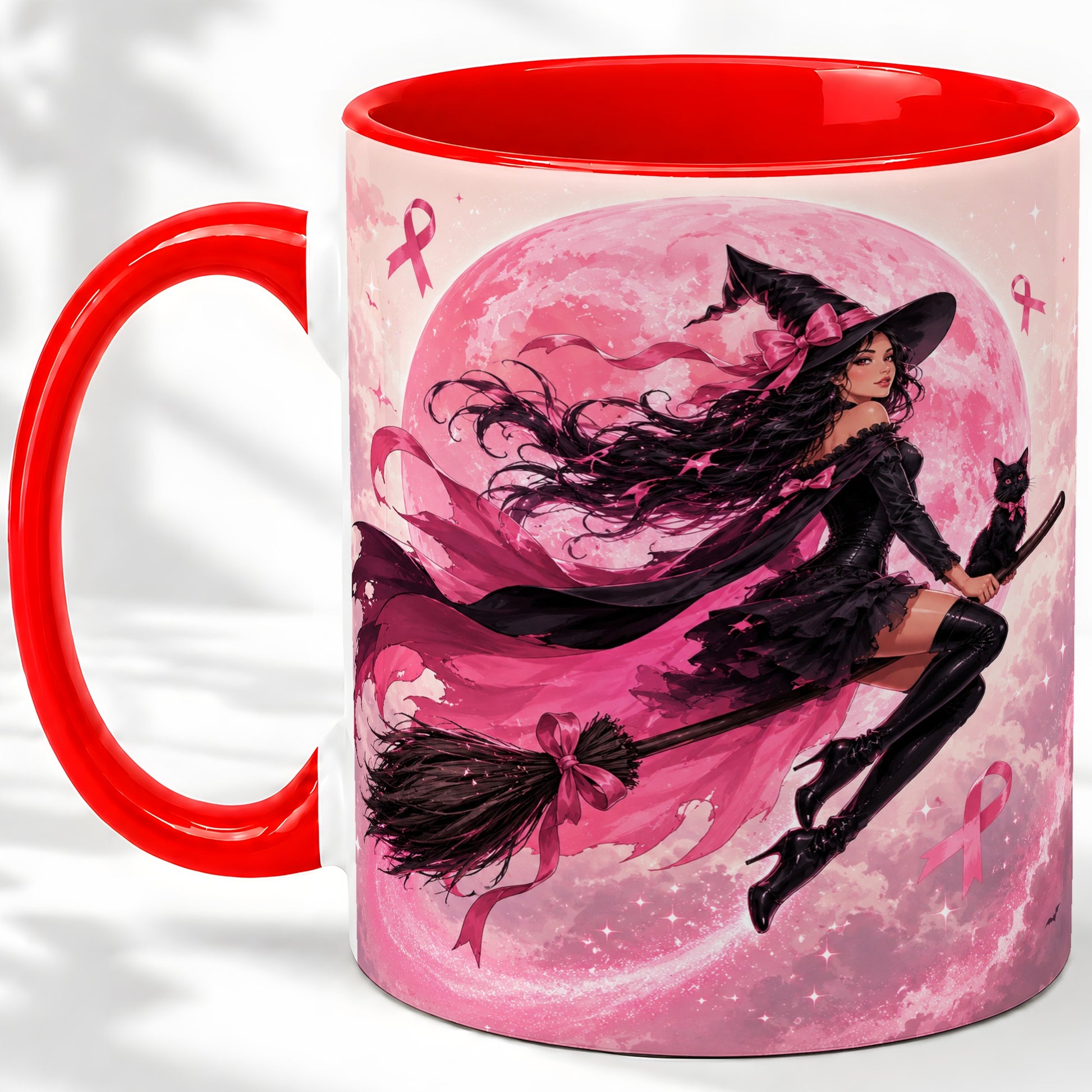 Pink Ribbon Witch Ceramic Mug, Moon Cat Art for Awareness Supporters