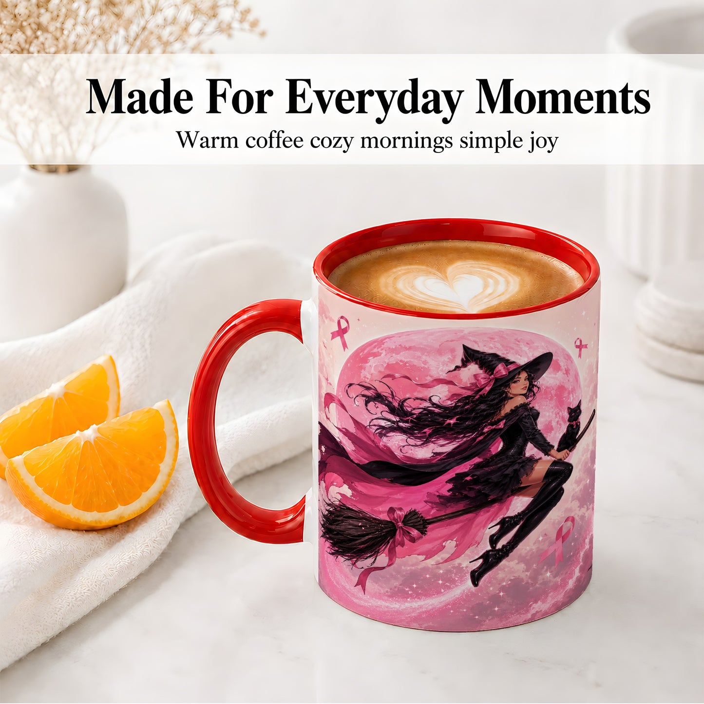 #pl[11oz|Red] Pink Ribbon Witch Ceramic Mug, Moon Cat Art for Awareness Supporters