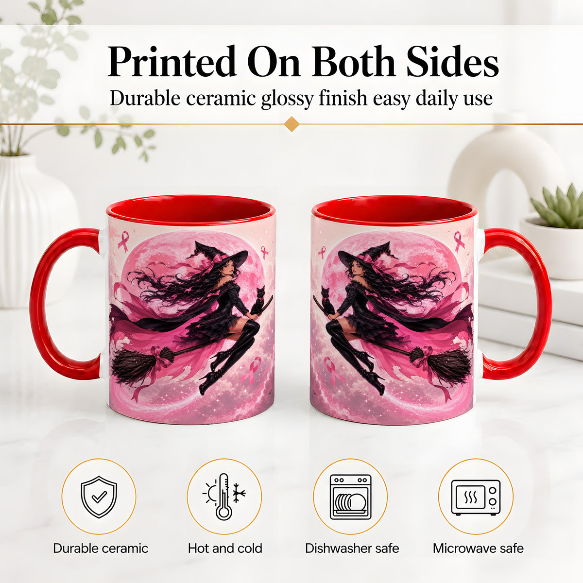 #pl[11oz|Red] Pink Ribbon Witch Ceramic Mug, Moon Cat Art for Awareness Supporters