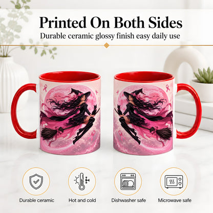 #pl[11oz|Red] Pink Ribbon Witch Ceramic Mug, Moon Cat Art for Awareness Supporters