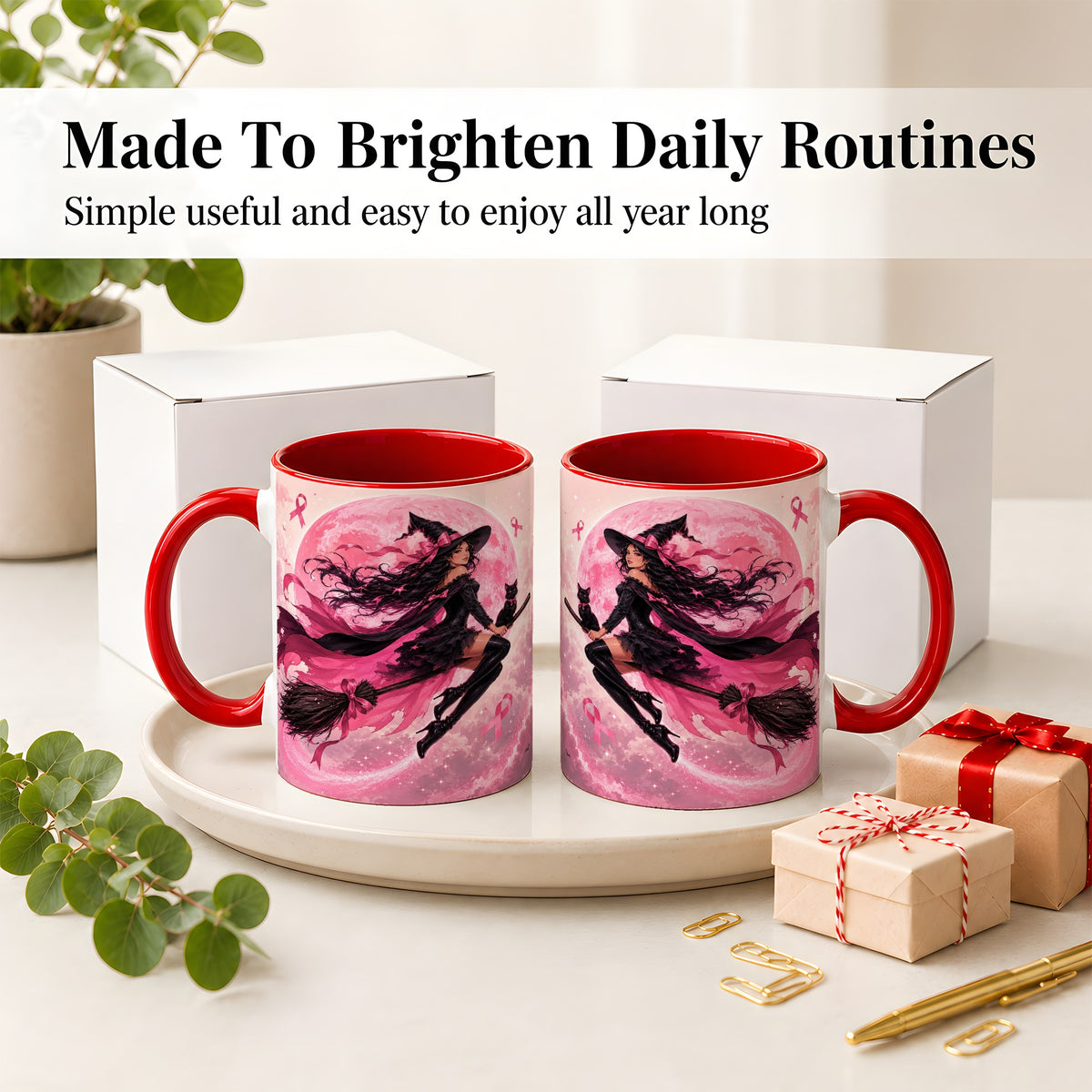#pl[11oz|Red] Pink Ribbon Witch Ceramic Mug, Moon Cat Art for Awareness Supporters