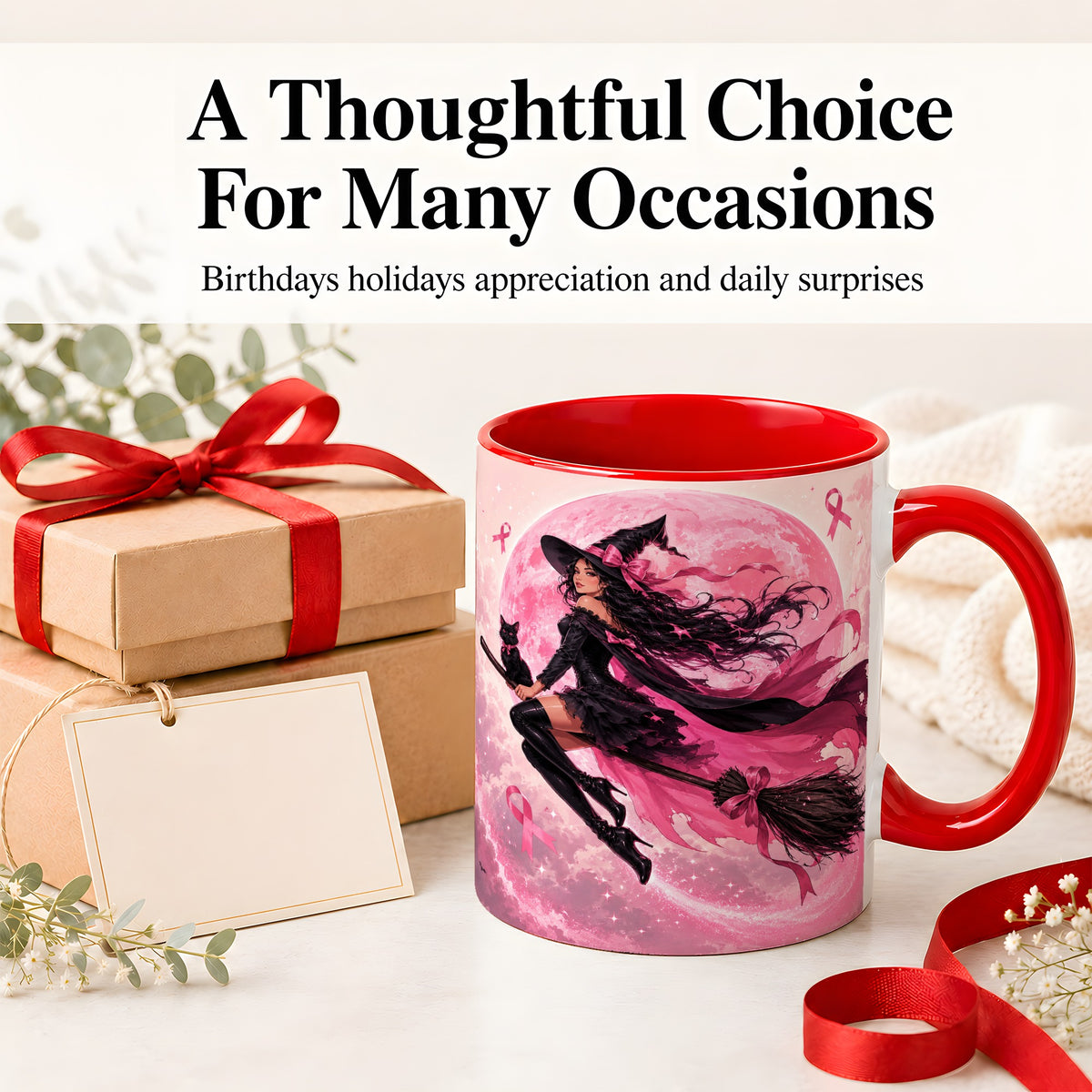 #pl[11oz|Red] Pink Ribbon Witch Ceramic Mug, Moon Cat Art for Awareness Supporters
