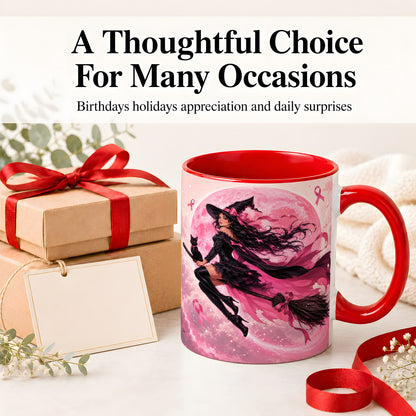 #pl[11oz|Red] Pink Ribbon Witch Ceramic Mug, Moon Cat Art for Awareness Supporters