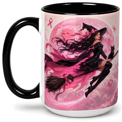 #pl[15oz|Black] Pink Ribbon Witch Ceramic Mug, Moon Cat Art for Awareness Supporters