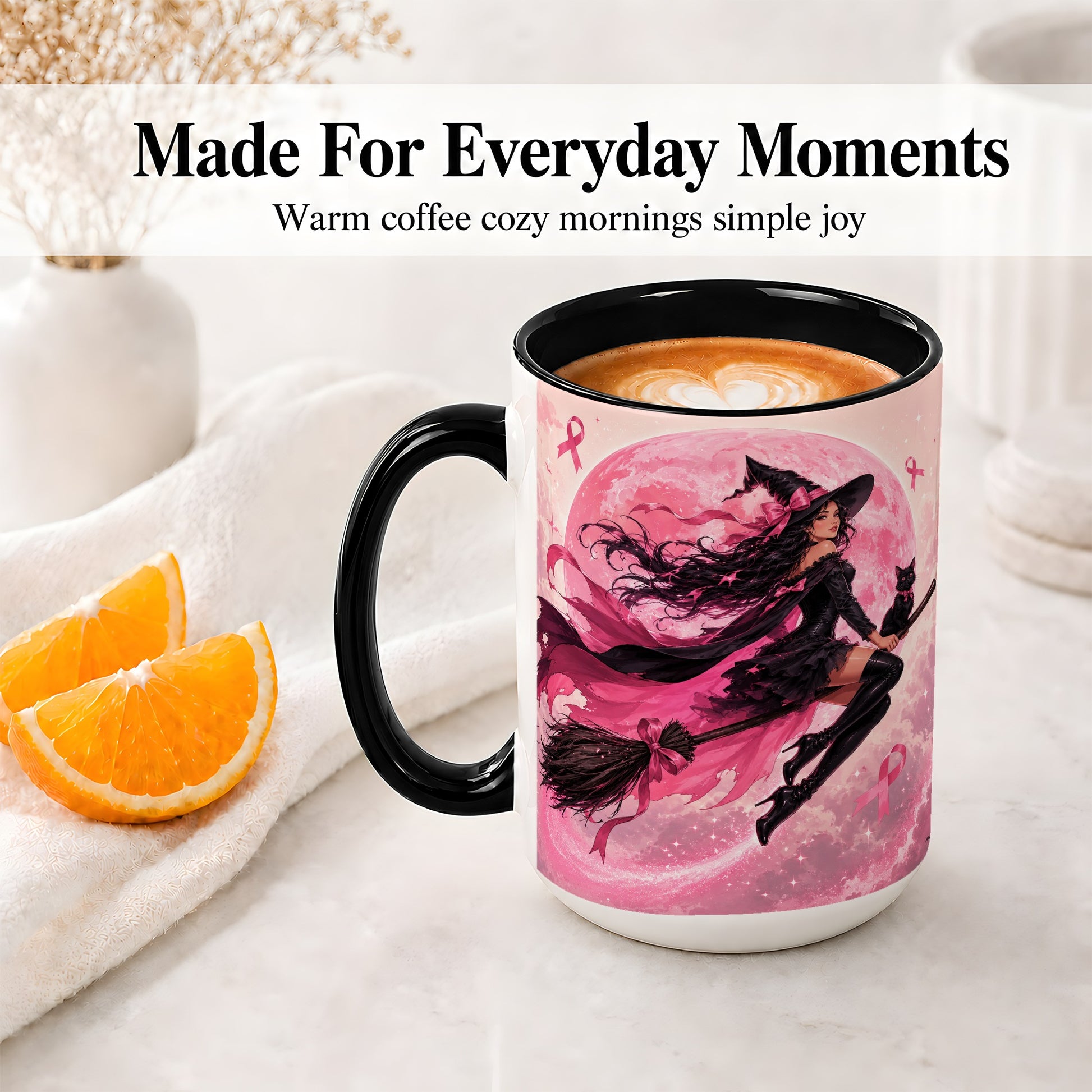 #pl[15oz|Black] Pink Ribbon Witch Ceramic Mug, Moon Cat Art for Awareness Supporters