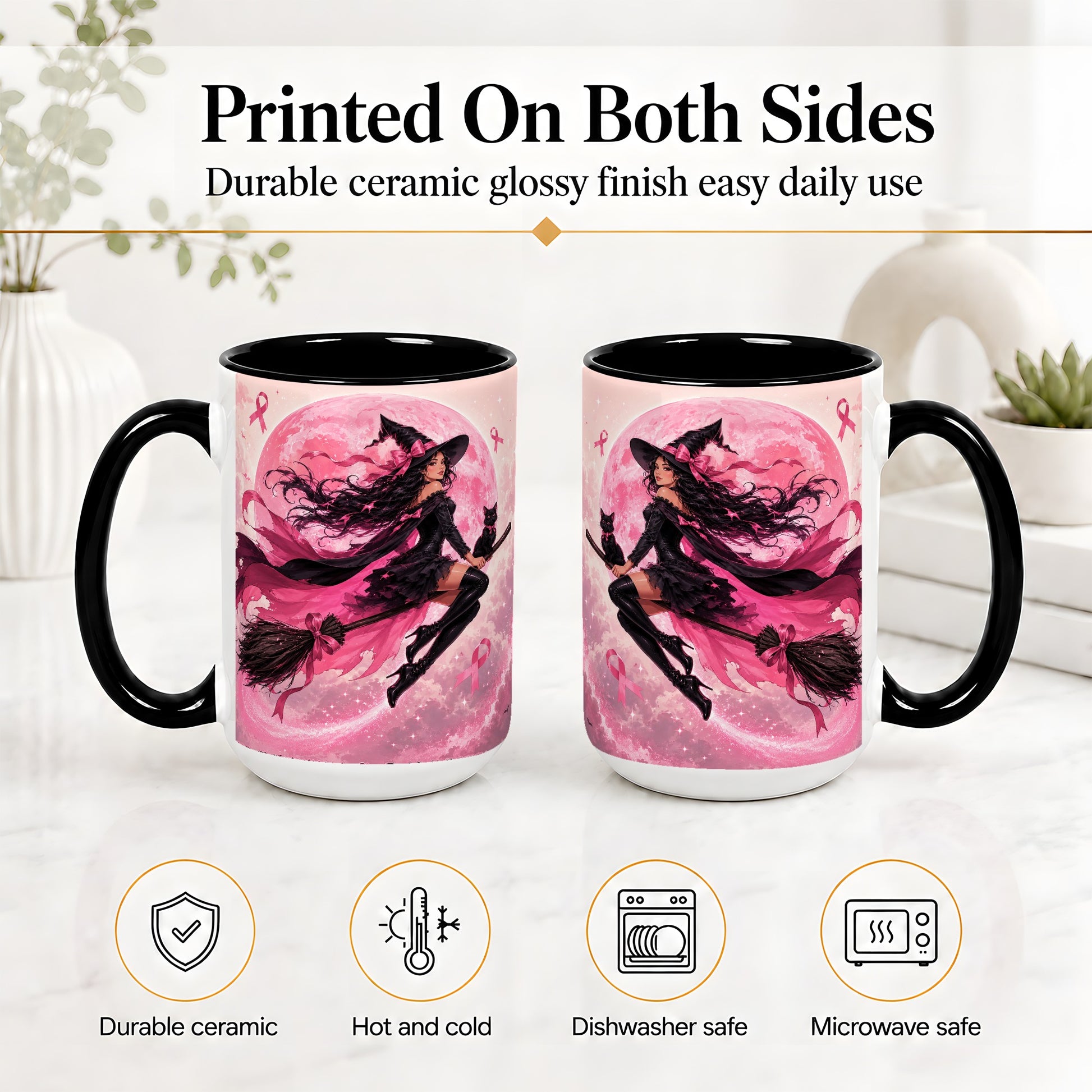#pl[15oz|Black] Pink Ribbon Witch Ceramic Mug, Moon Cat Art for Awareness Supporters