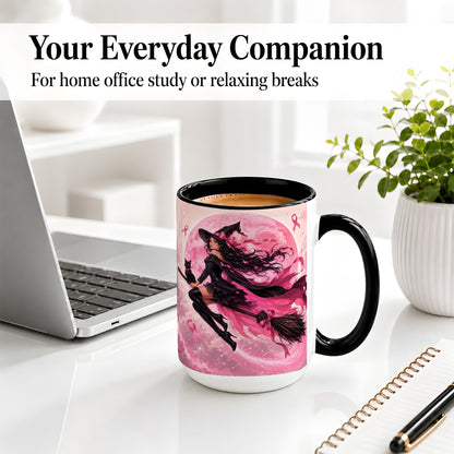 #pl[15oz|Black] Pink Ribbon Witch Ceramic Mug, Moon Cat Art for Awareness Supporters