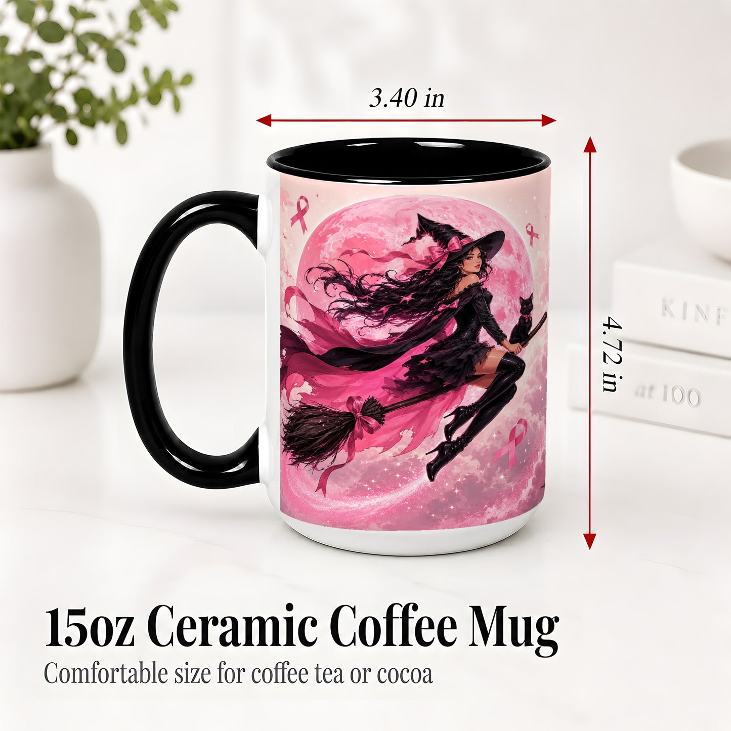 #pl[15oz|Black] Pink Ribbon Witch Ceramic Mug, Moon Cat Art for Awareness Supporters