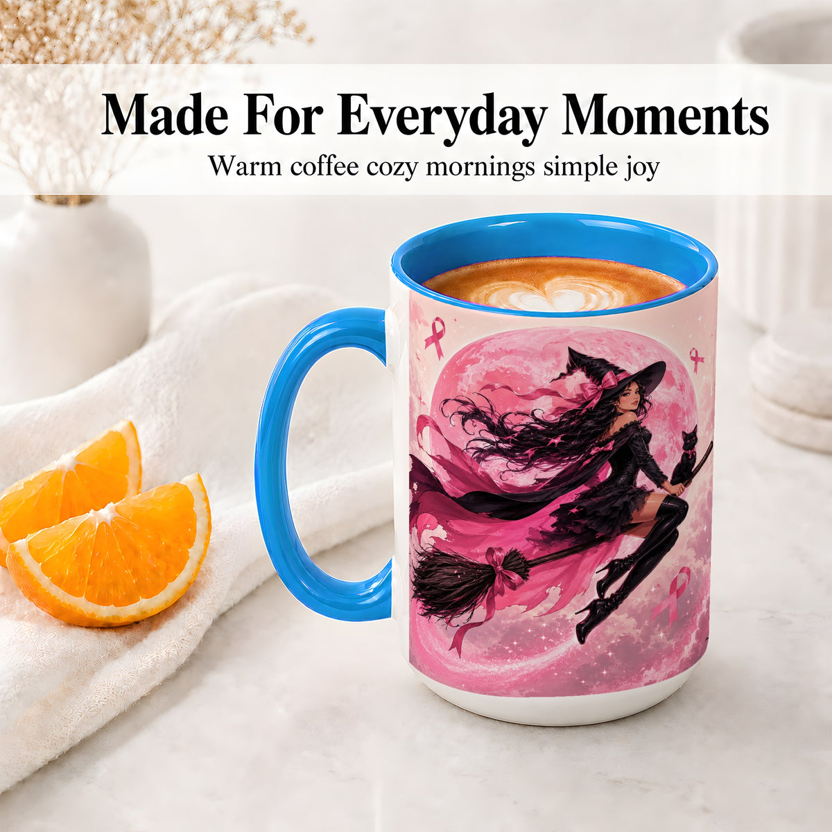 #pl[15oz|Blue] Pink Ribbon Witch Ceramic Mug, Moon Cat Art for Awareness Supporters