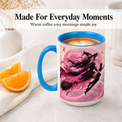 #pl[15oz|Blue] Pink Ribbon Witch Ceramic Mug, Moon Cat Art for Awareness Supporters