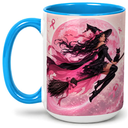 #pl[15oz|Blue] Pink Ribbon Witch Ceramic Mug, Moon Cat Art for Awareness Supporters