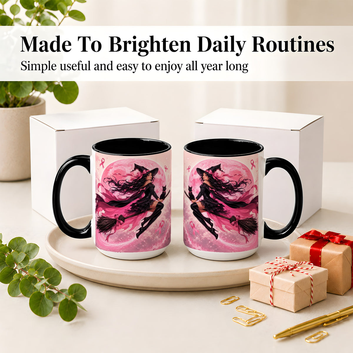 #pl[15oz|Black] Pink Ribbon Witch Ceramic Mug, Moon Cat Art for Awareness Supporters