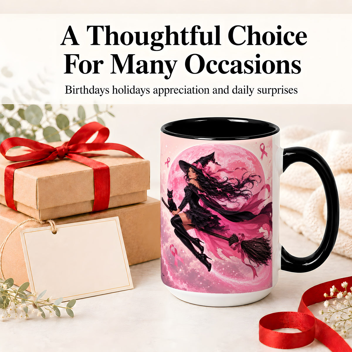 #pl[15oz|Black] Pink Ribbon Witch Ceramic Mug, Moon Cat Art for Awareness Supporters