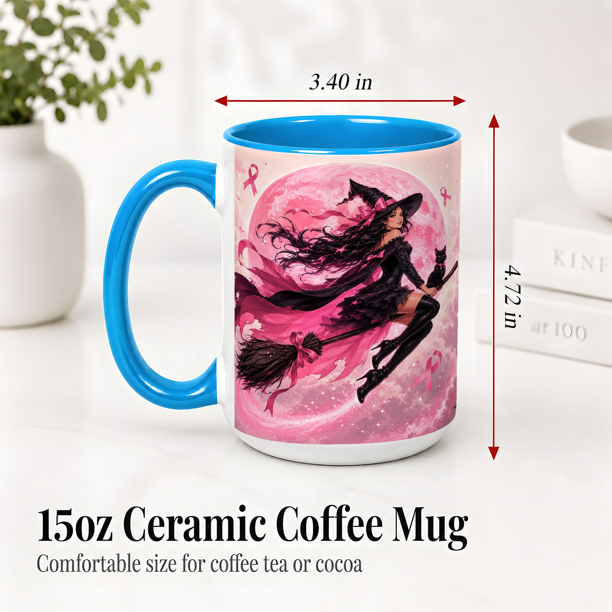 #pl[15oz|Blue] Pink Ribbon Witch Ceramic Mug, Moon Cat Art for Awareness Supporters