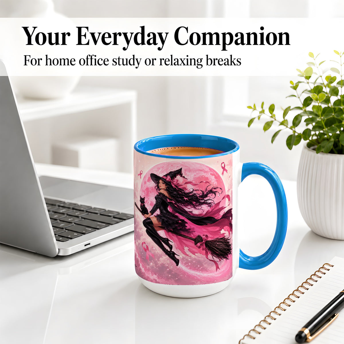 #pl[15oz|Blue] Pink Ribbon Witch Ceramic Mug, Moon Cat Art for Awareness Supporters