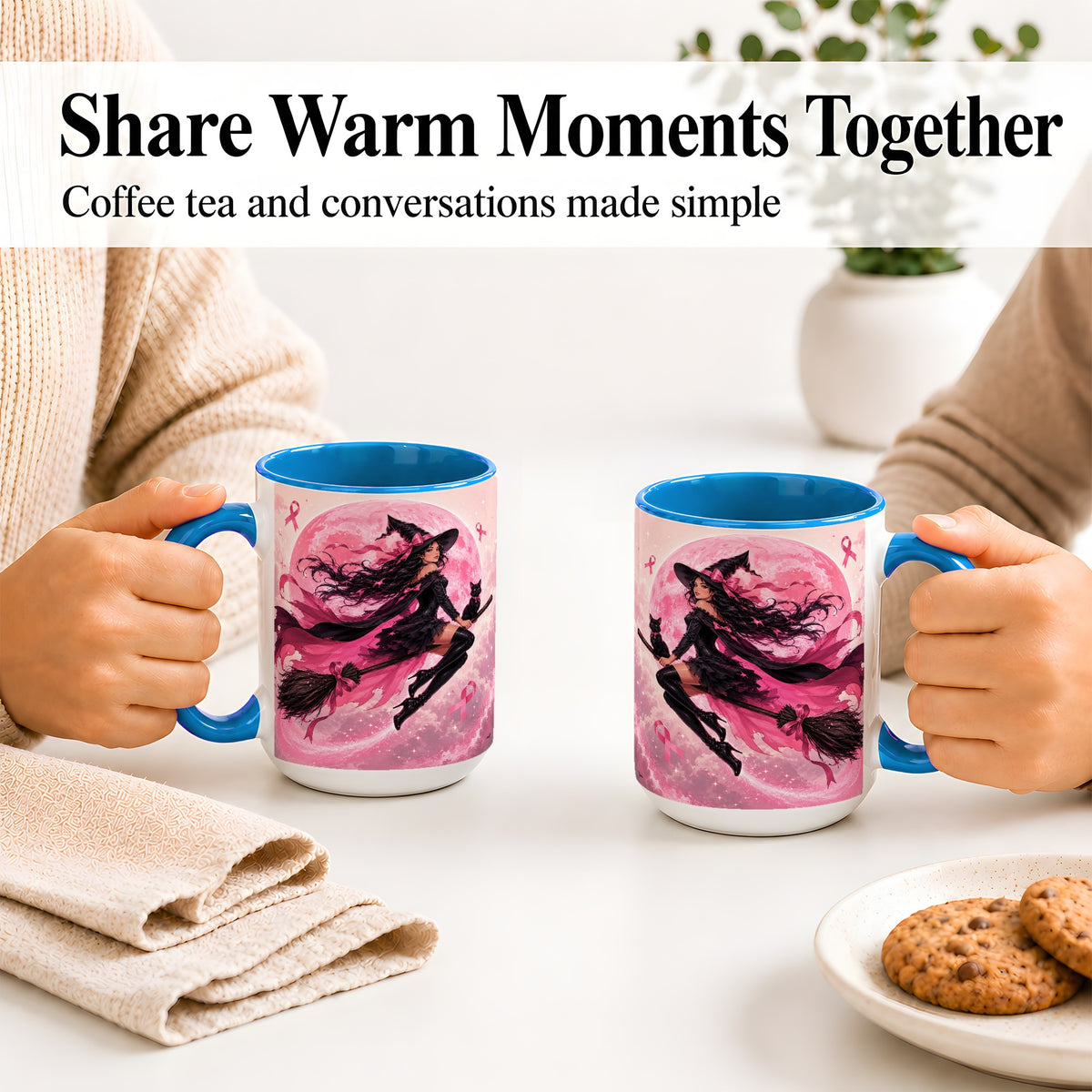 #pl[15oz|Blue] Pink Ribbon Witch Ceramic Mug, Moon Cat Art for Awareness Supporters