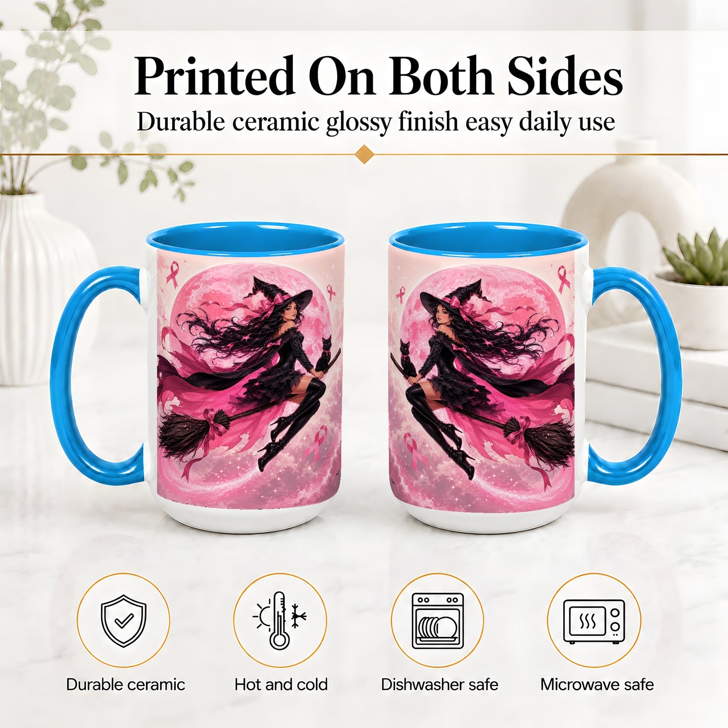 #pl[15oz|Blue] Pink Ribbon Witch Ceramic Mug, Moon Cat Art for Awareness Supporters