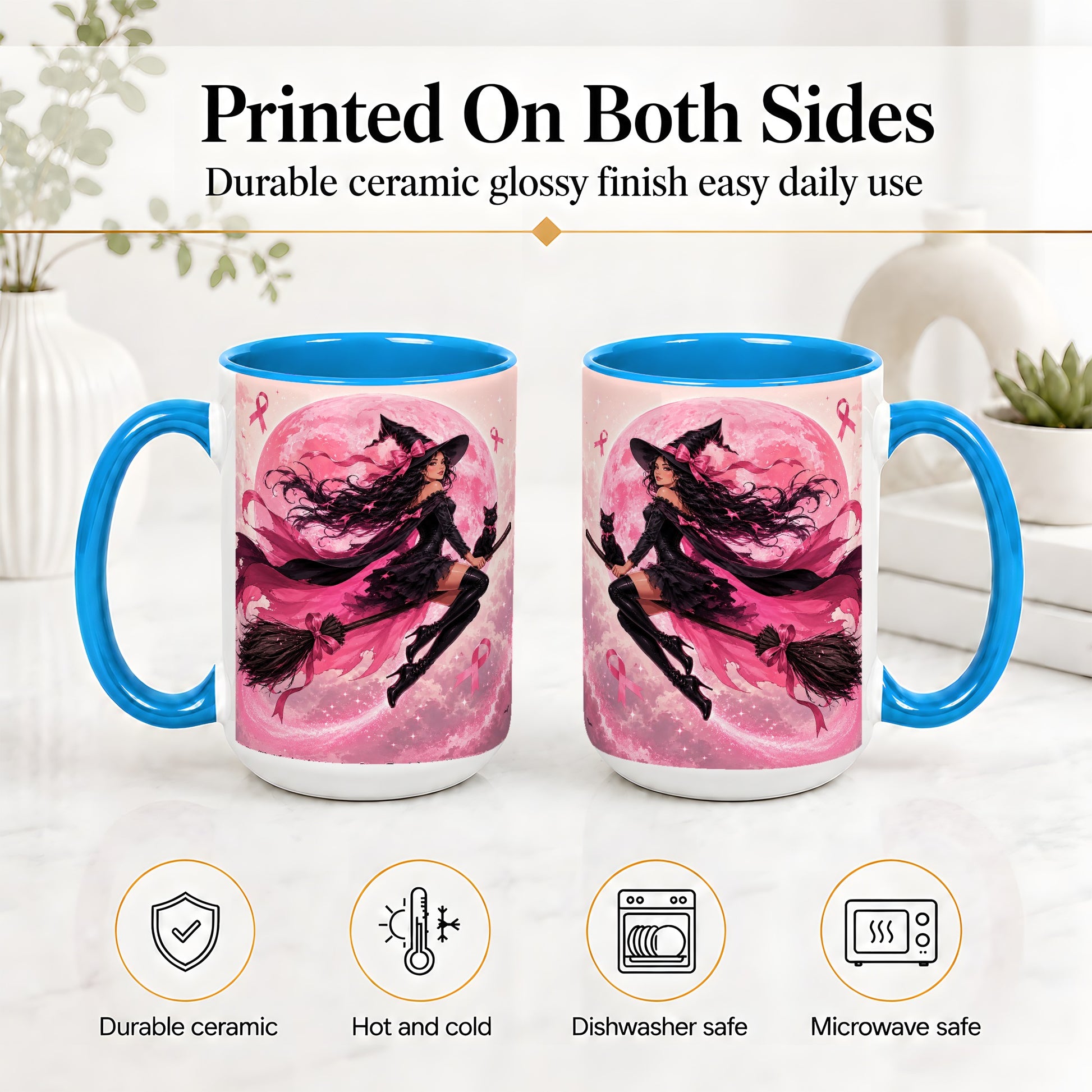 #pl[15oz|Blue] Pink Ribbon Witch Ceramic Mug, Moon Cat Art for Awareness Supporters