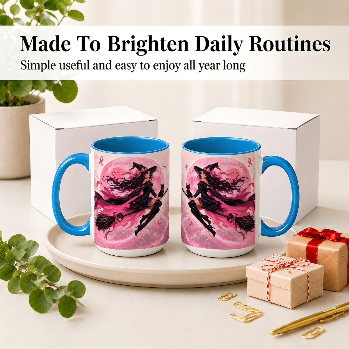 #pl[15oz|Blue] Pink Ribbon Witch Ceramic Mug, Moon Cat Art for Awareness Supporters