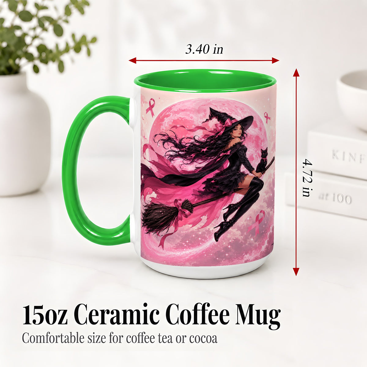 #pl[15oz|Green] Pink Ribbon Witch Ceramic Mug, Moon Cat Art for Awareness Supporters