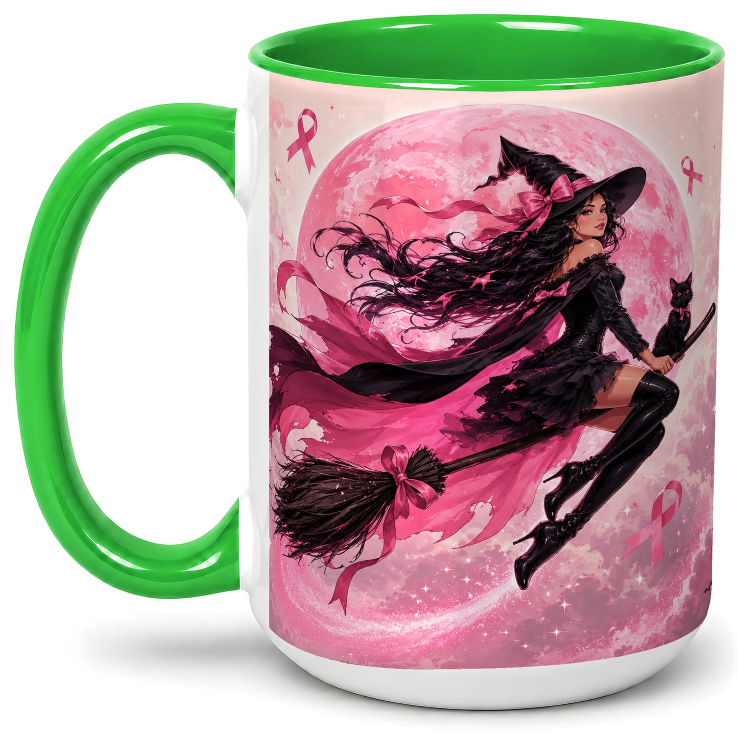 #pl[15oz|Green] Pink Ribbon Witch Ceramic Mug, Moon Cat Art for Awareness Supporters