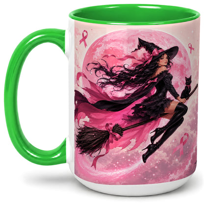#pl[15oz|Green] Pink Ribbon Witch Ceramic Mug, Moon Cat Art for Awareness Supporters