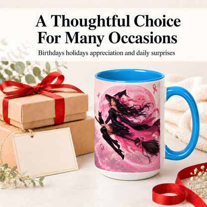 #pl[15oz|Blue] Pink Ribbon Witch Ceramic Mug, Moon Cat Art for Awareness Supporters