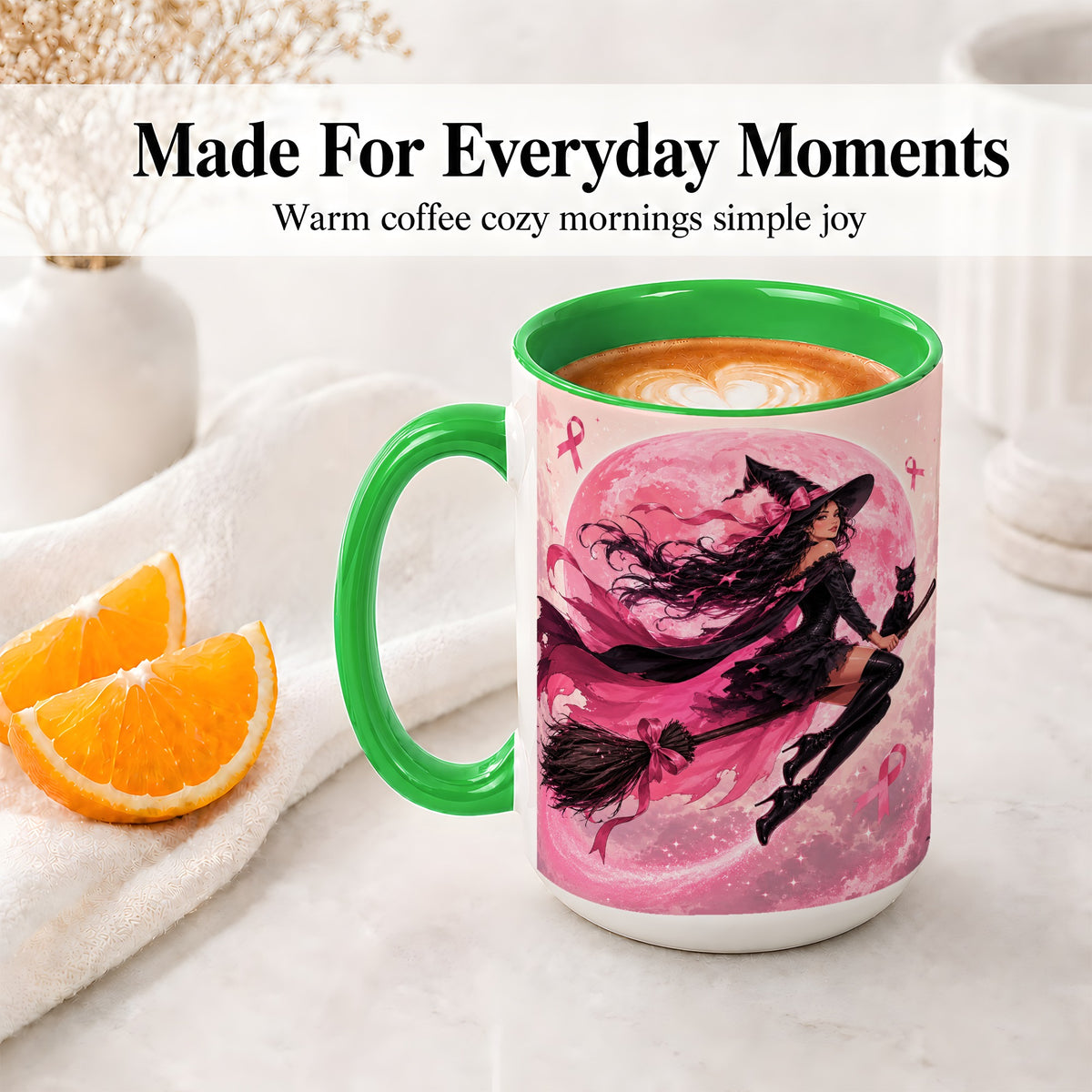 #pl[15oz|Green] Pink Ribbon Witch Ceramic Mug, Moon Cat Art for Awareness Supporters