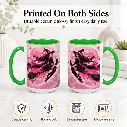 #pl[15oz|Green] Pink Ribbon Witch Ceramic Mug, Moon Cat Art for Awareness Supporters