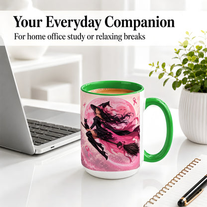 #pl[15oz|Green] Pink Ribbon Witch Ceramic Mug, Moon Cat Art for Awareness Supporters