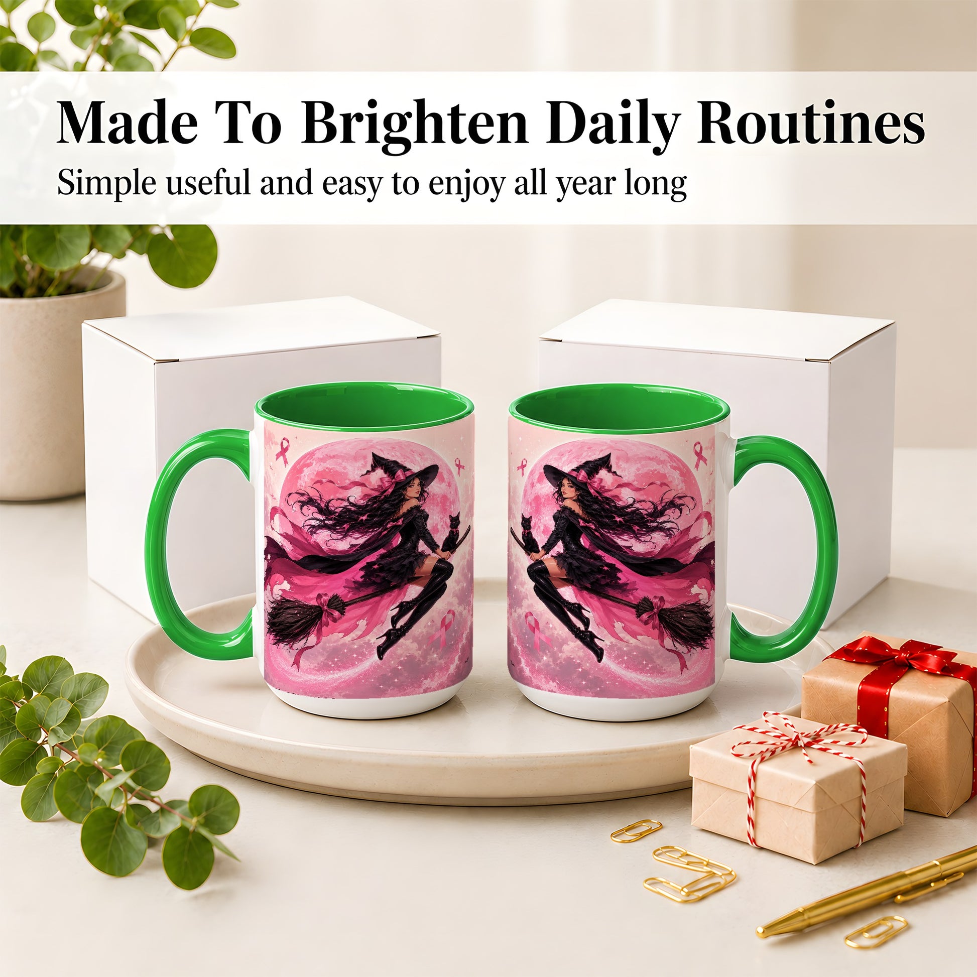 #pl[15oz|Green] Pink Ribbon Witch Ceramic Mug, Moon Cat Art for Awareness Supporters