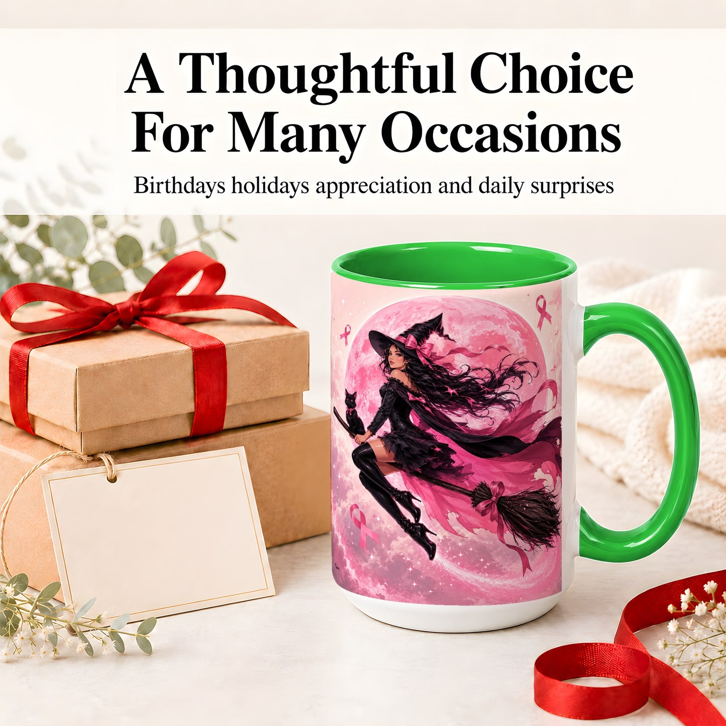 #pl[15oz|Green] Pink Ribbon Witch Ceramic Mug, Moon Cat Art for Awareness Supporters