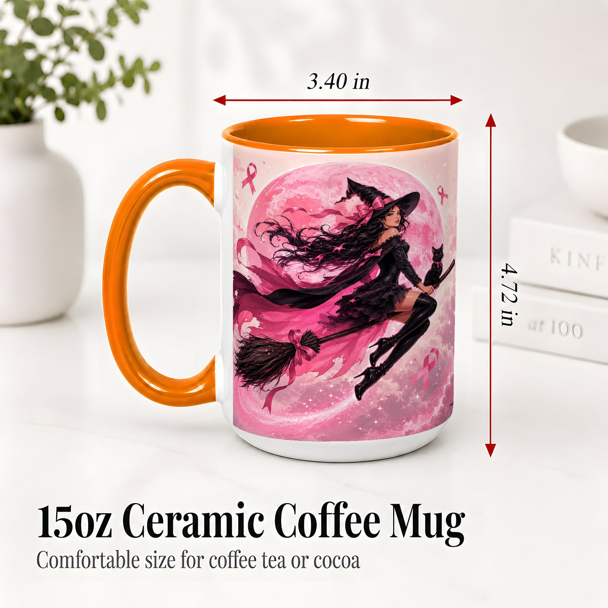 #pl[15oz|Orange] Pink Ribbon Witch Ceramic Mug, Moon Cat Art for Awareness Supporters