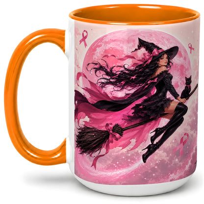 #pl[15oz|Orange] Pink Ribbon Witch Ceramic Mug, Moon Cat Art for Awareness Supporters