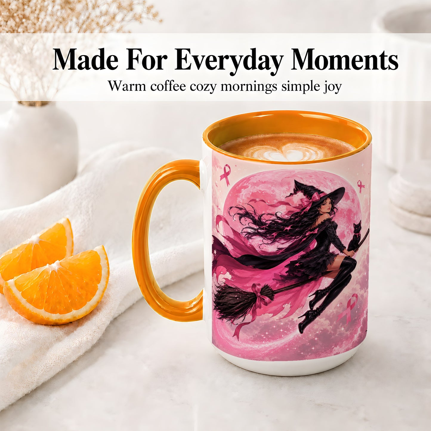 #pl[15oz|Orange] Pink Ribbon Witch Ceramic Mug, Moon Cat Art for Awareness Supporters