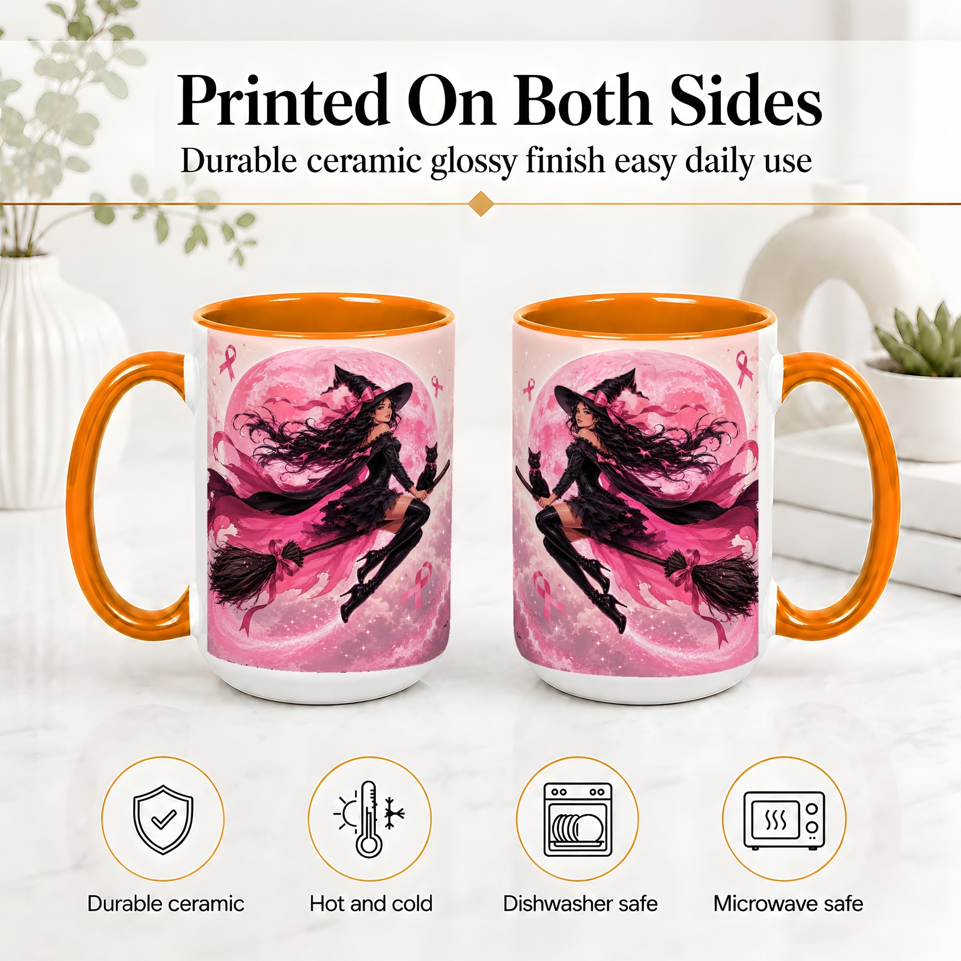 #pl[15oz|Orange] Pink Ribbon Witch Ceramic Mug, Moon Cat Art for Awareness Supporters