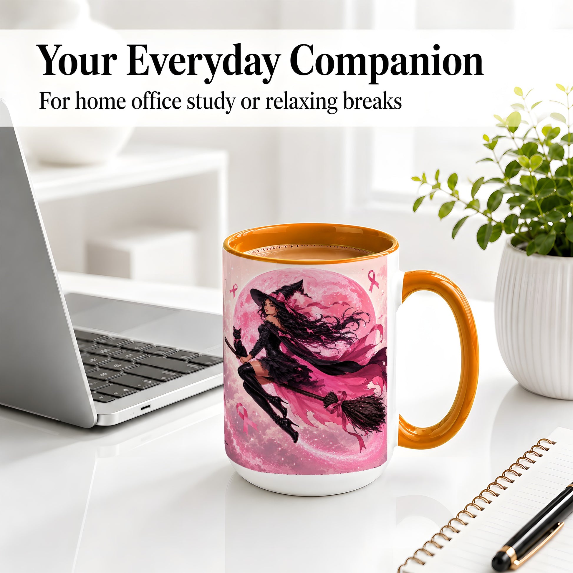 #pl[15oz|Orange] Pink Ribbon Witch Ceramic Mug, Moon Cat Art for Awareness Supporters