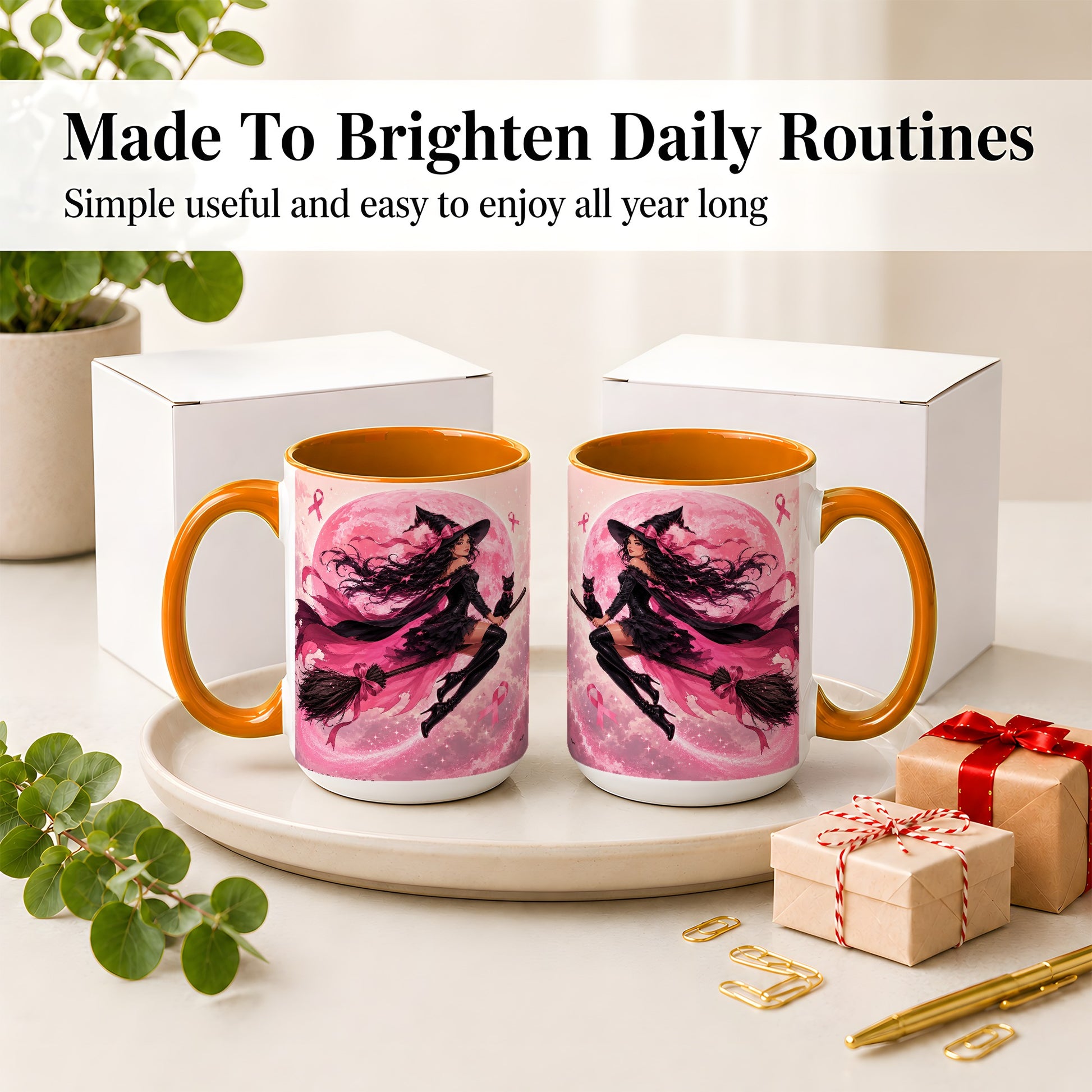 #pl[15oz|Orange] Pink Ribbon Witch Ceramic Mug, Moon Cat Art for Awareness Supporters