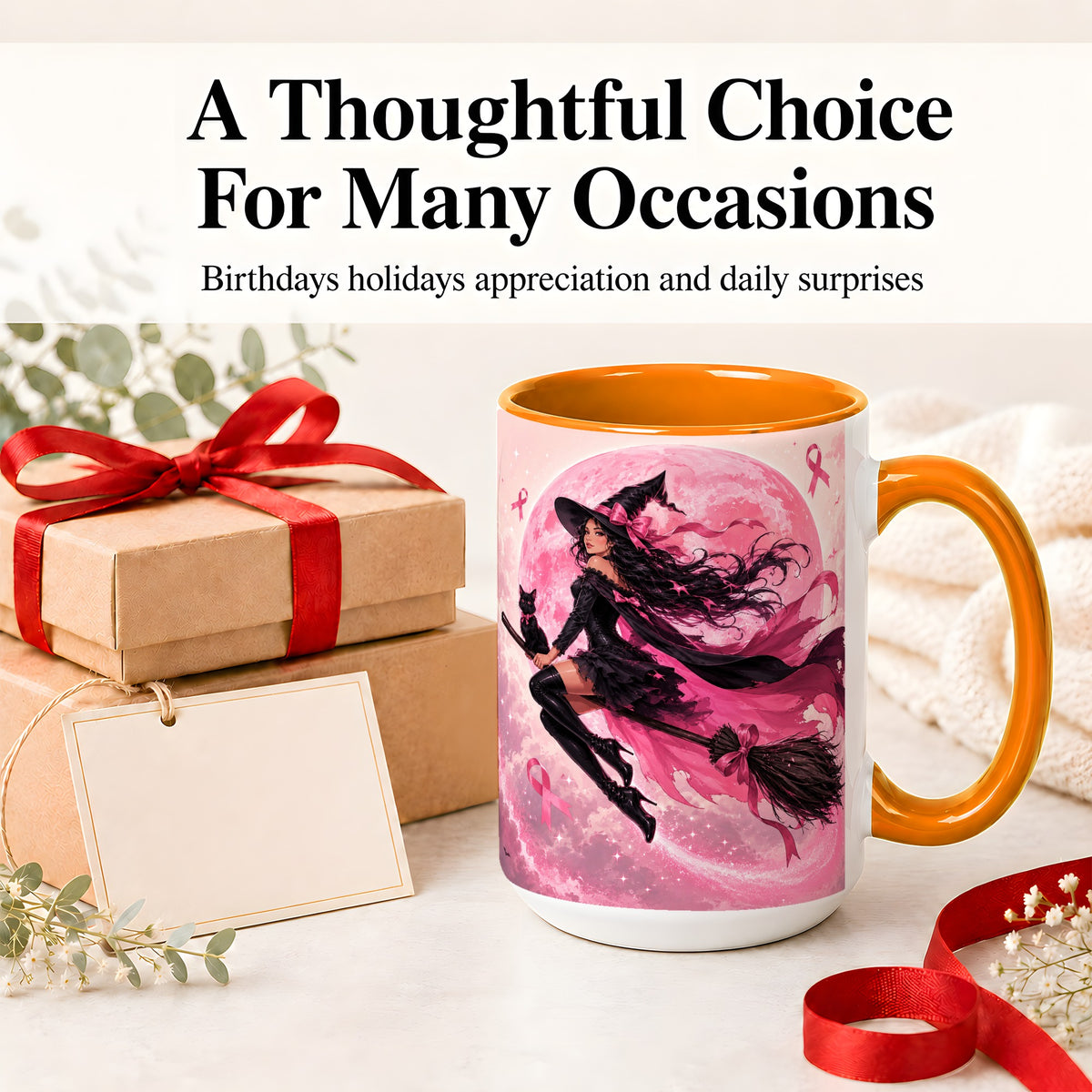 #pl[15oz|Orange] Pink Ribbon Witch Ceramic Mug, Moon Cat Art for Awareness Supporters