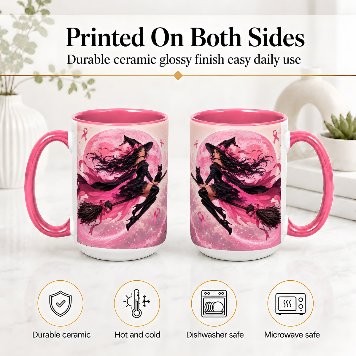 #pl[15oz|Pink] Pink Ribbon Witch Ceramic Mug, Moon Cat Art for Awareness Supporters