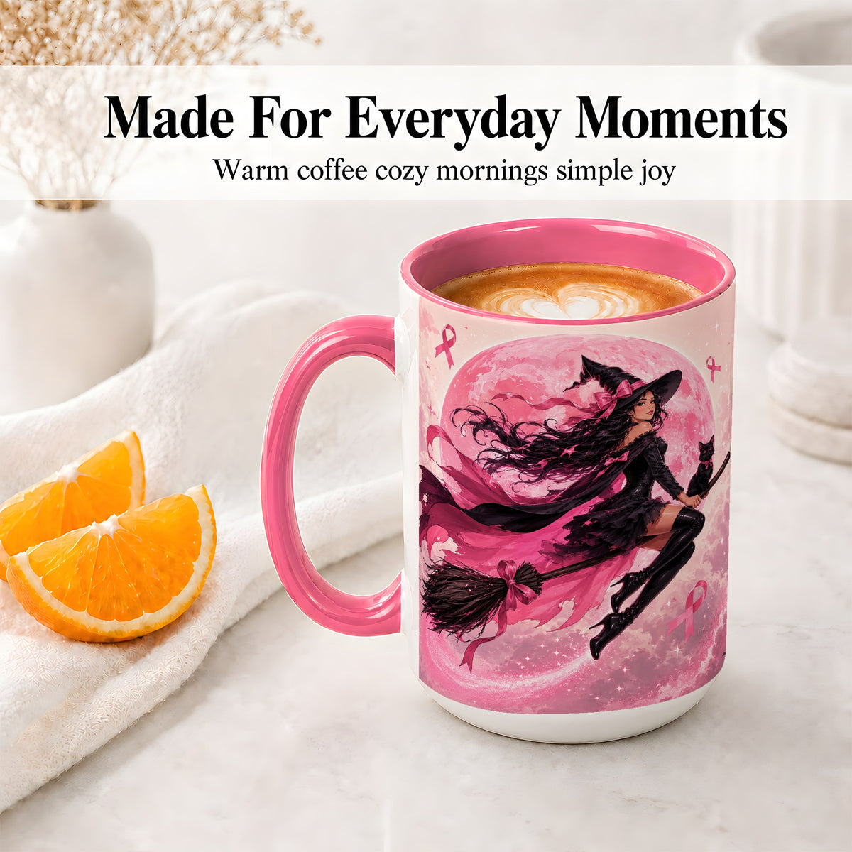 #pl[15oz|Pink] Pink Ribbon Witch Ceramic Mug, Moon Cat Art for Awareness Supporters