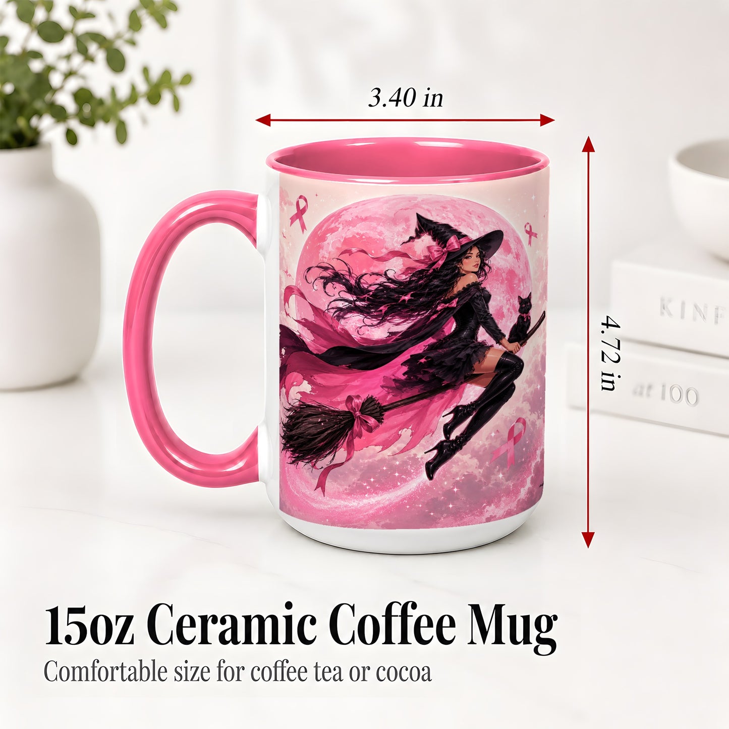 #pl[15oz|Pink] Pink Ribbon Witch Ceramic Mug, Moon Cat Art for Awareness Supporters