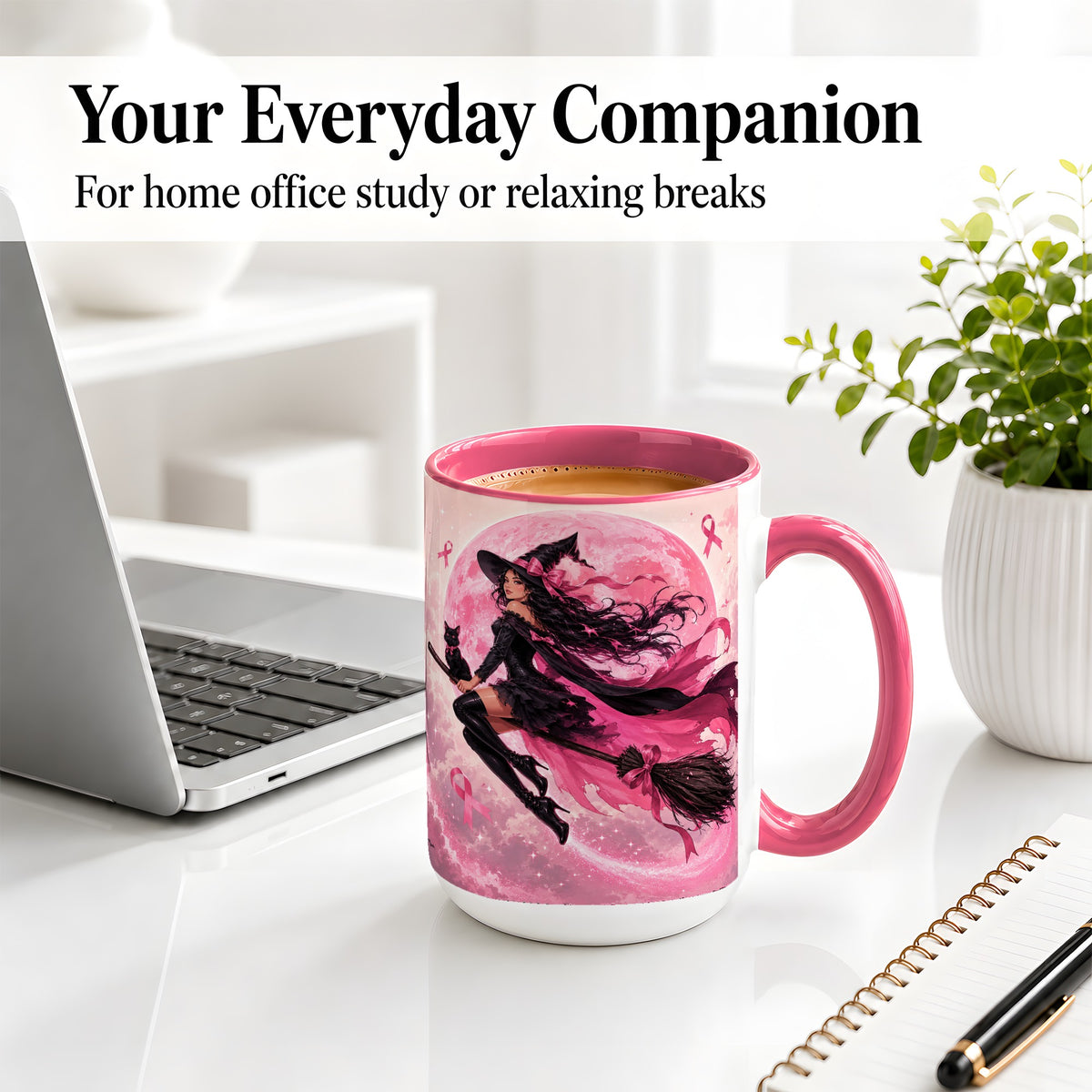 #pl[15oz|Pink] Pink Ribbon Witch Ceramic Mug, Moon Cat Art for Awareness Supporters